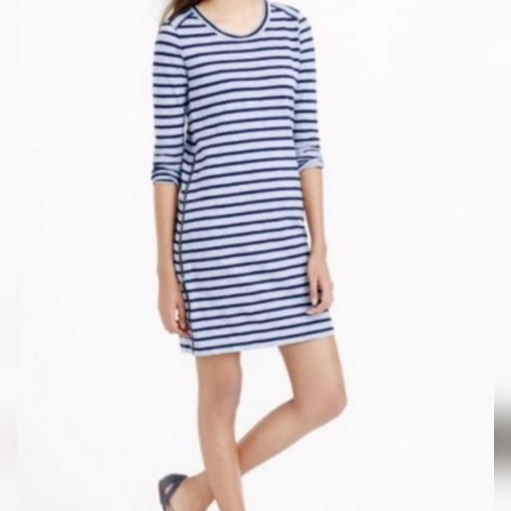 J Crew Blue Striped 3/4 Sleeve Shirt Dress w Zippers New